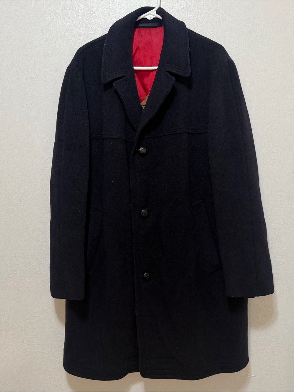 Vintage Lodenfrey Munich Loden Wool Long Coat Mens Navy Blue Red Lined Germany